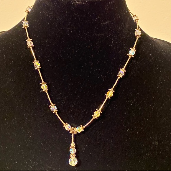 Liquid Sterling Silver and Aurora Borealis Beaded Y necklace 18 inches - Picture 3 of 9